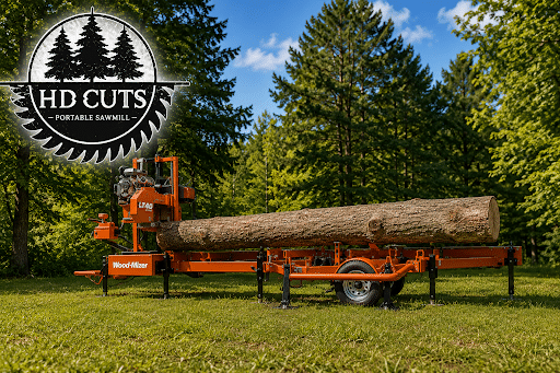Portable sawmill turning a large hardwood tree into lumber in Michigan's Upper Peninsula by HD Cuts.